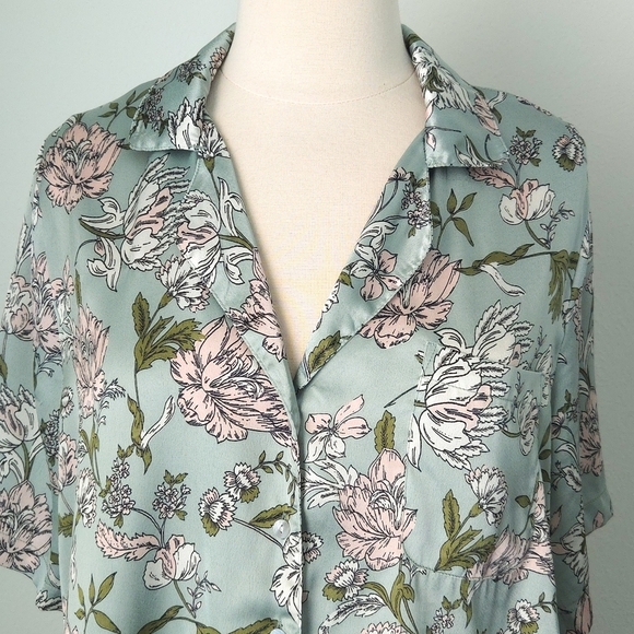 Joie Satin Mint Green & Pink Floral Pajama Set- Short Sleeve Top & Shorts - Picture 3 of 8
